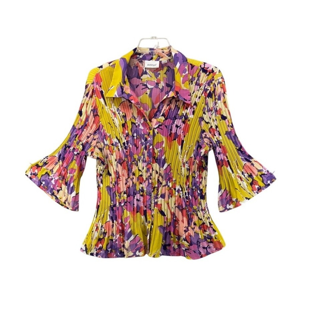 Avenue Blouse Womens 22/24 Multi Color Pleated‎ Bell Sleeve Floral Boho